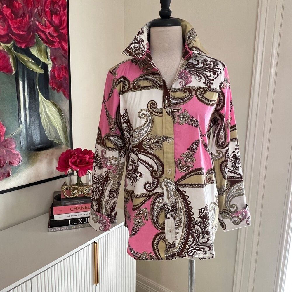 Tizzie Women's Paisley Print Long Sleeve Button Up Shirt Pink Tan Size Medium